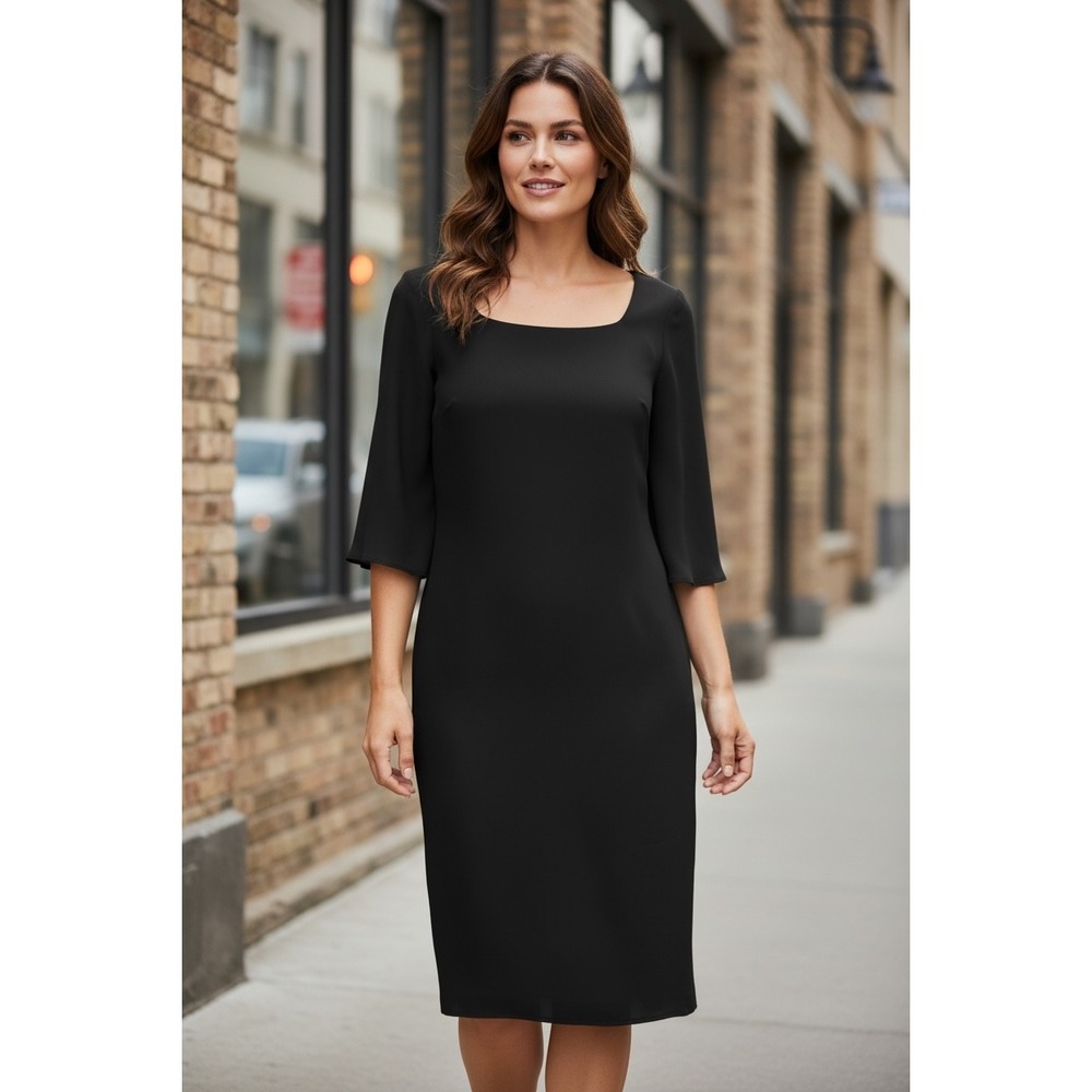 TACERA Black Sheath Dress Midi Bell Sleeve Zipper Back Size M